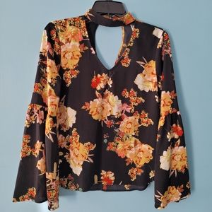 Liberty Love Choker Neck Black Floral Blouse, Size Small